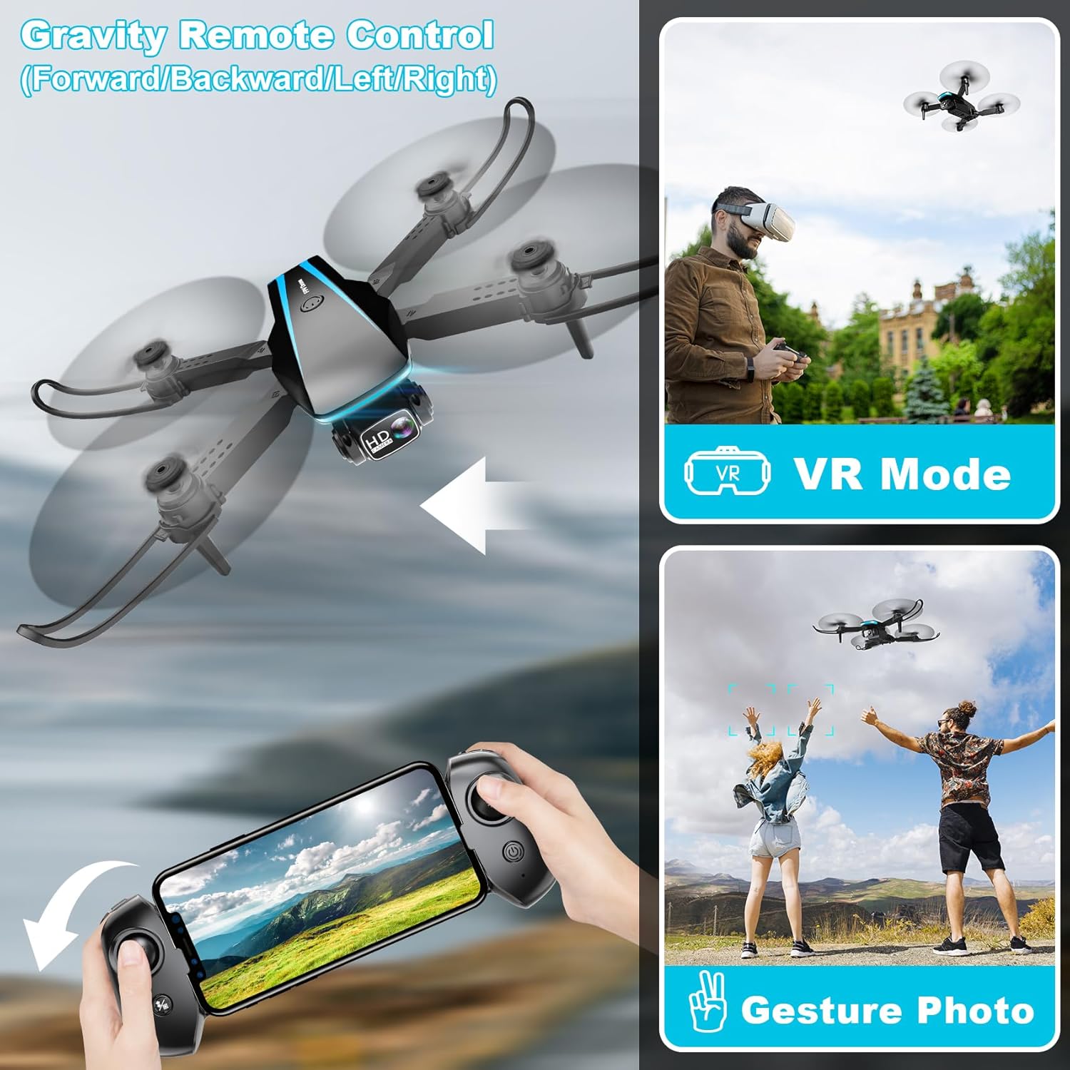 Mini Drone with Camera - Drones for Kids Adults, 1080P HD Foldable Drone with Stable Hover, Auto-Follow, Trajectory Flight, Gravity Control, 90° Adjustable Lens, One Key Take Off/Land, 3D Flip